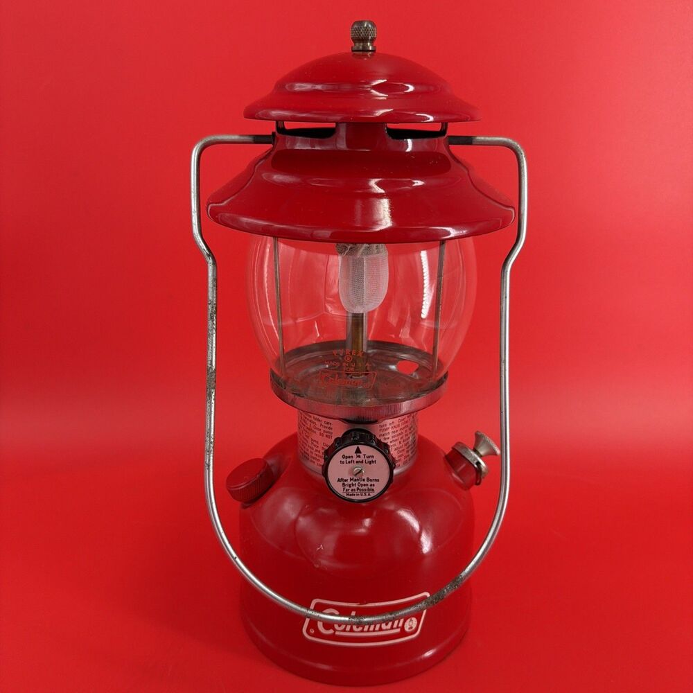 1976 Coleman Model 200A Single Mantle Red Lantern Feb 2-76 Pyrex Round Globe EUC